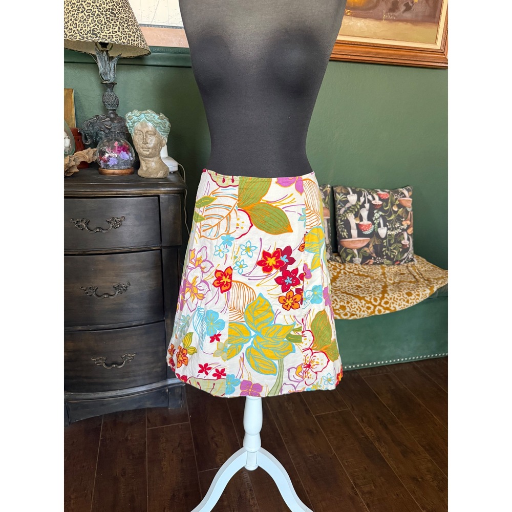 Izod Woman Floral Cotton A-Line Skirt Size 18W White Green Yellow Tropical Print